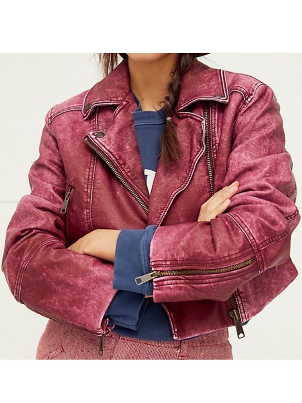 Free People Distressed Vegan Leather Cropped Moto Jacket Raspberry SMALL